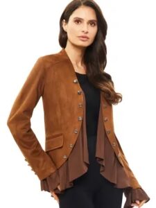 A woman wearing a suede jacket shows off her curated outfit A woman wearing a suede jacket shows off her curated outfit