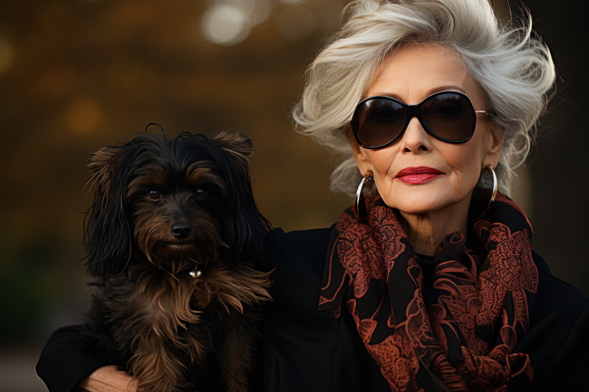Gray haired fashionista with dog