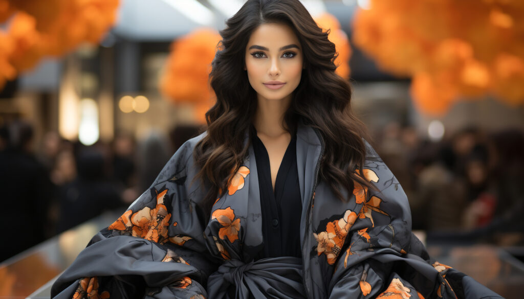 Young woman in chic apparel celebrating designer quality.